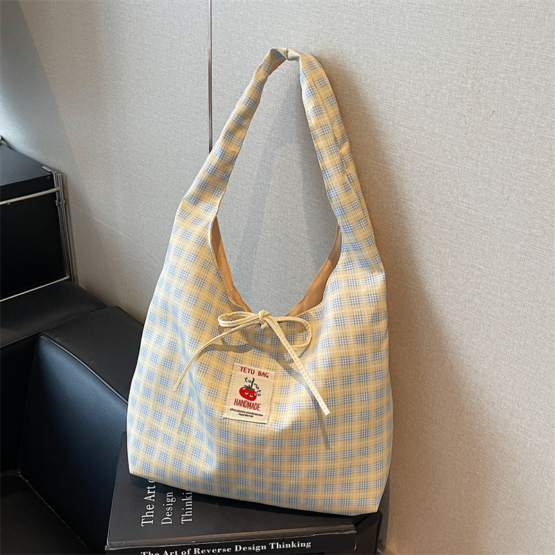 Large capacity bag women 2026 new canvas single shoulder bag class commuting plaid tote bag