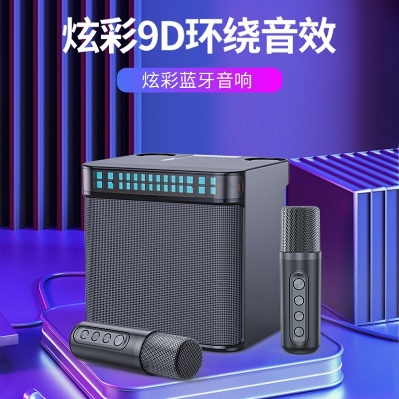 YS223 Home KTV Portable Smart LED Light Dual Microphone Bluetooth Speaker Set Karaoke Sound