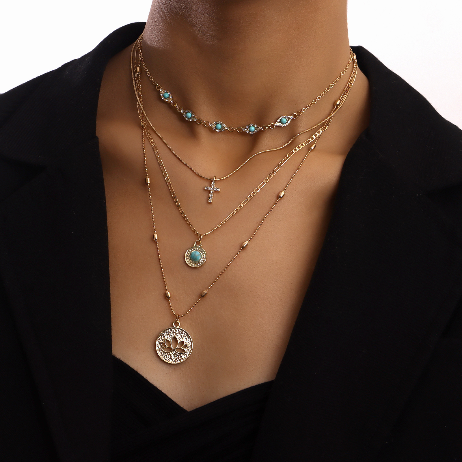 Accessories Multi-layer Small Hole Chain Hollow Flower Rhinestone Cross Pendant Necklace for Women