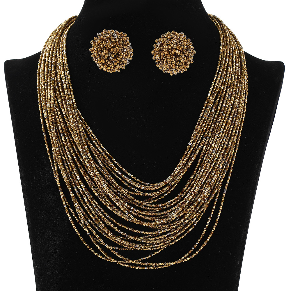 Bohemian Multi-Layer Bead Necklace Earring Set Ethnic Style Sweater Chain Women Multi-Layer Accessories