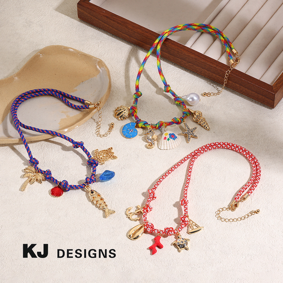 Kenjie colorful rope hand-woven necklace shell multi-pendant ocean vacation bohemian necklace
