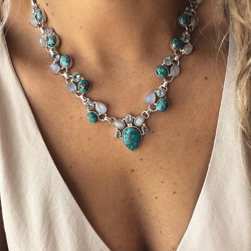 Big Brand Necklace Turquoise Bohemian White Green Flower Necklace