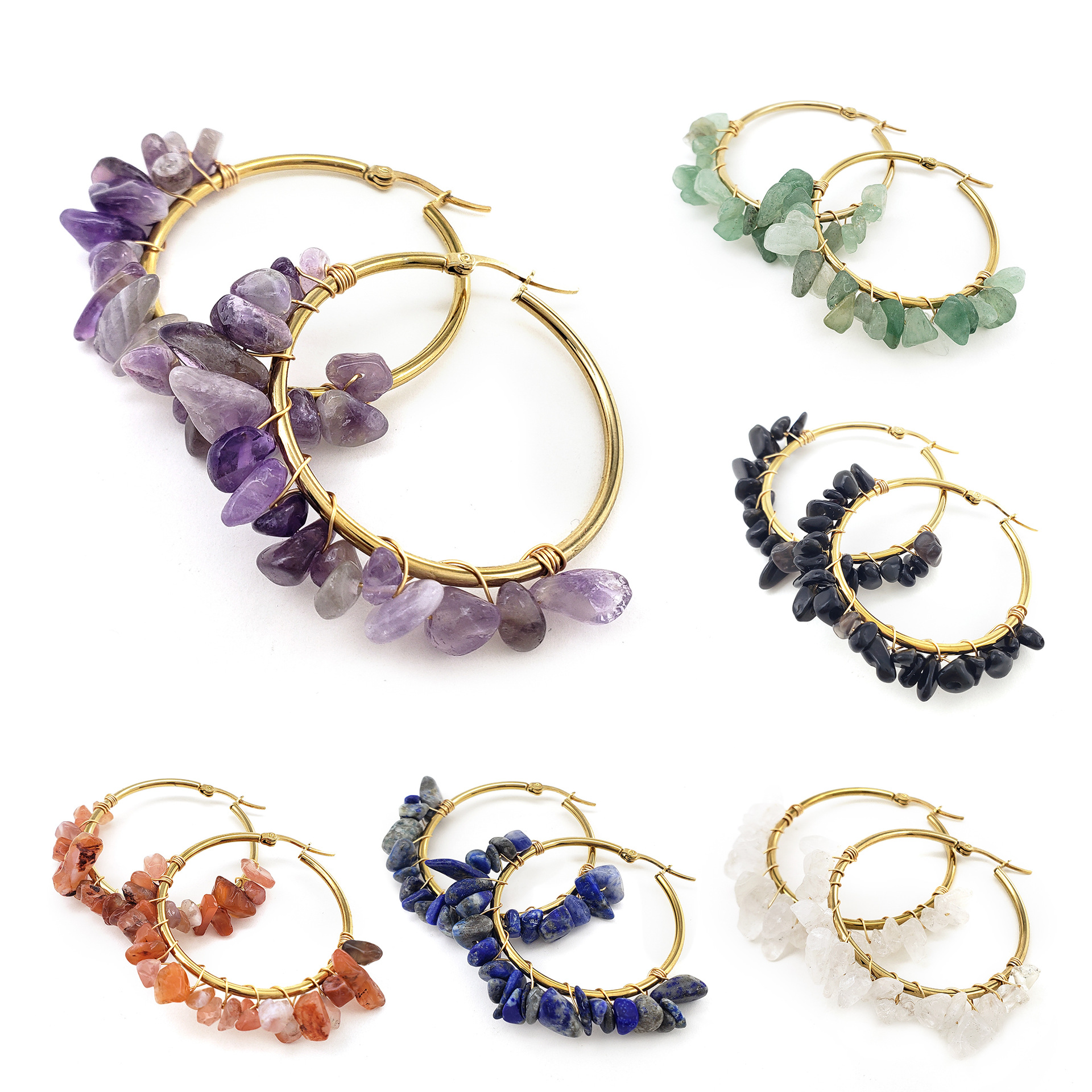 Large Circle Natural Crystal Raw Stone Earrings Hand-wrapped Green Donglin Stone Women's Commute Stainless Steel Earrings