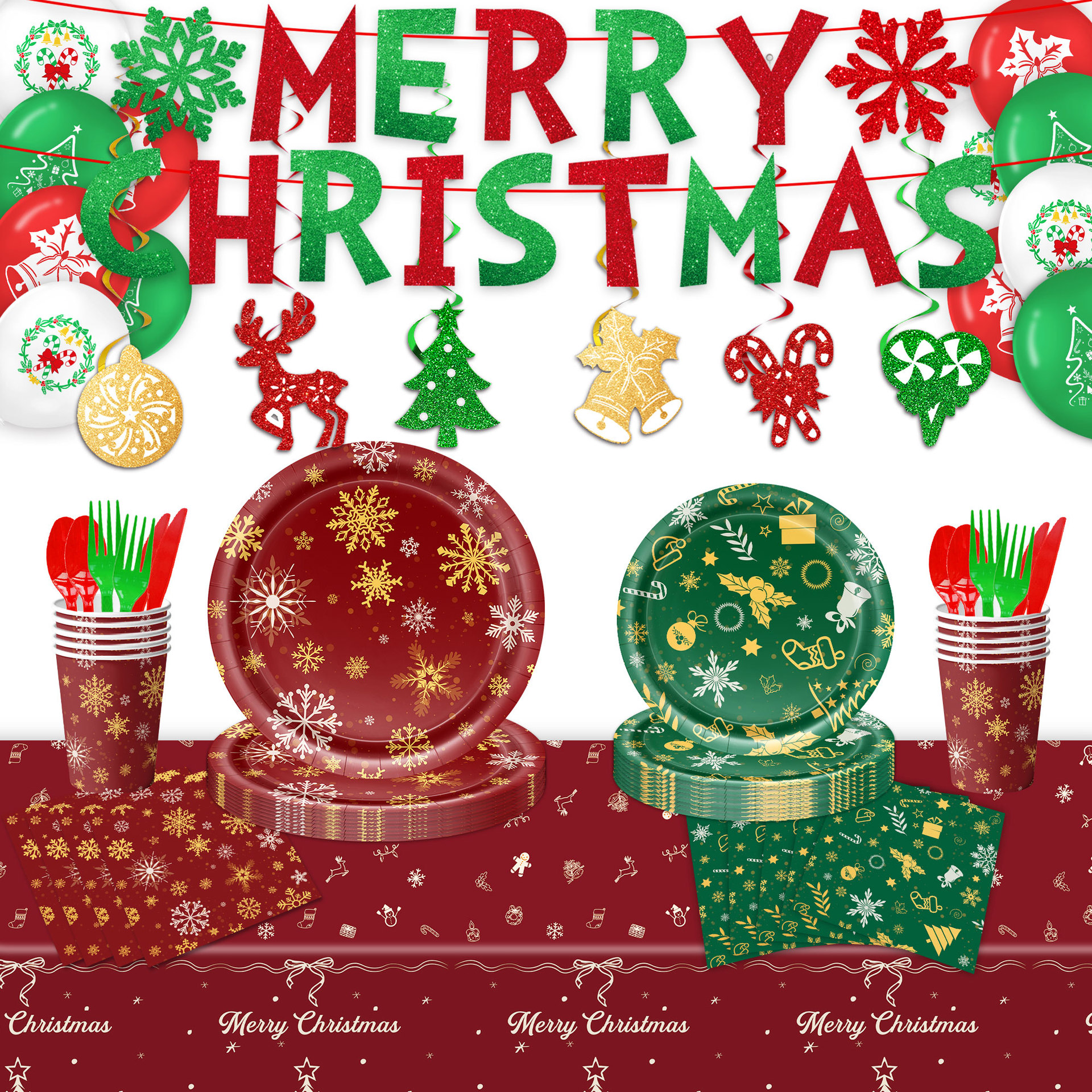 New Red Green Christmas Theme Holiday Party Tableware Paper Plate Napkin Tablecloth Bunting Flag Cake Decoration
