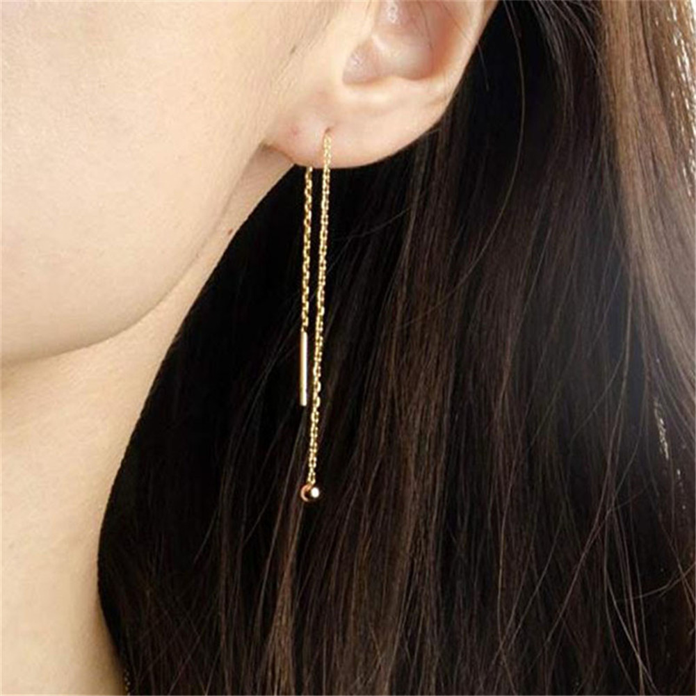 Titanium steel tassel star ear threads, minimalist crystal ball metal bar pendant long ear threads earrings