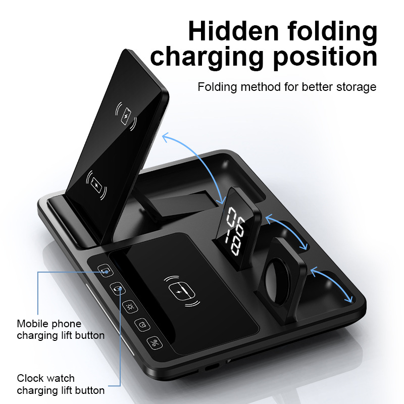 New 4-in-1 Wireless Fast Charger for Apple Phone Watch Earphone Auto Lift Foldable Clock Charger