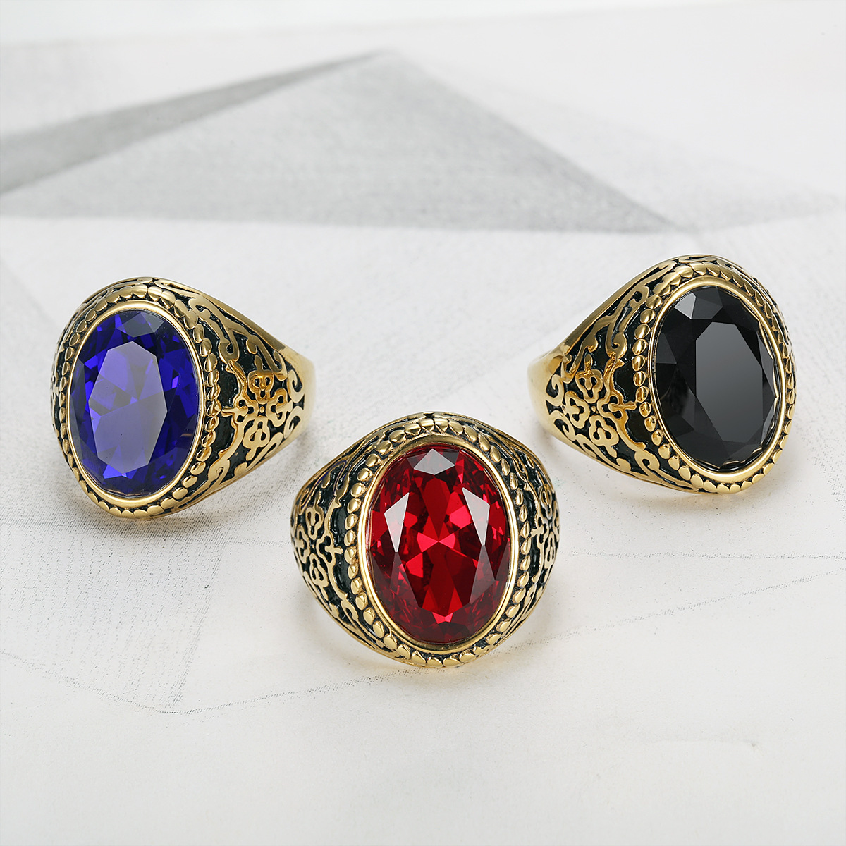 Quality 18K Real Gold Gemstone Ring Men's Finger Ring Stainless Steel Accessory
