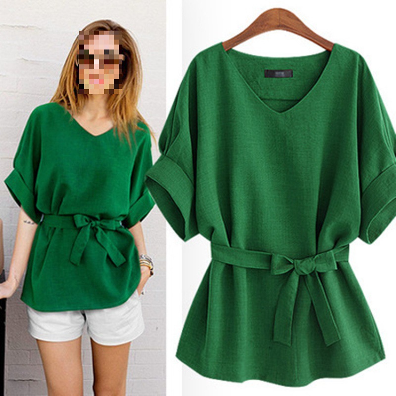Summer Women's V-neck Linen Short Sleeve Shirt Batwing Sleeve Plus Size Loose Waist Cotton-linen Top