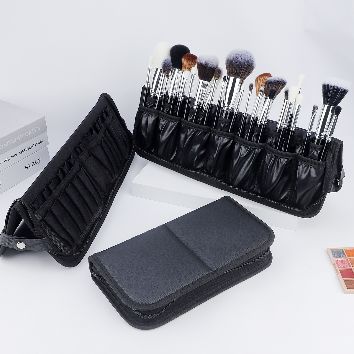 14-40 Hole Makeup Brush Bag Large Storage Bag Large Capacity Black Book Page Foldable Cosmetic Bag