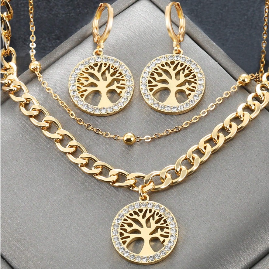 Double-Layer Full Rhinestone Round Tassel Tree of Life Collar Pendant Necklace Earrings Set Decorative Jewelry Women