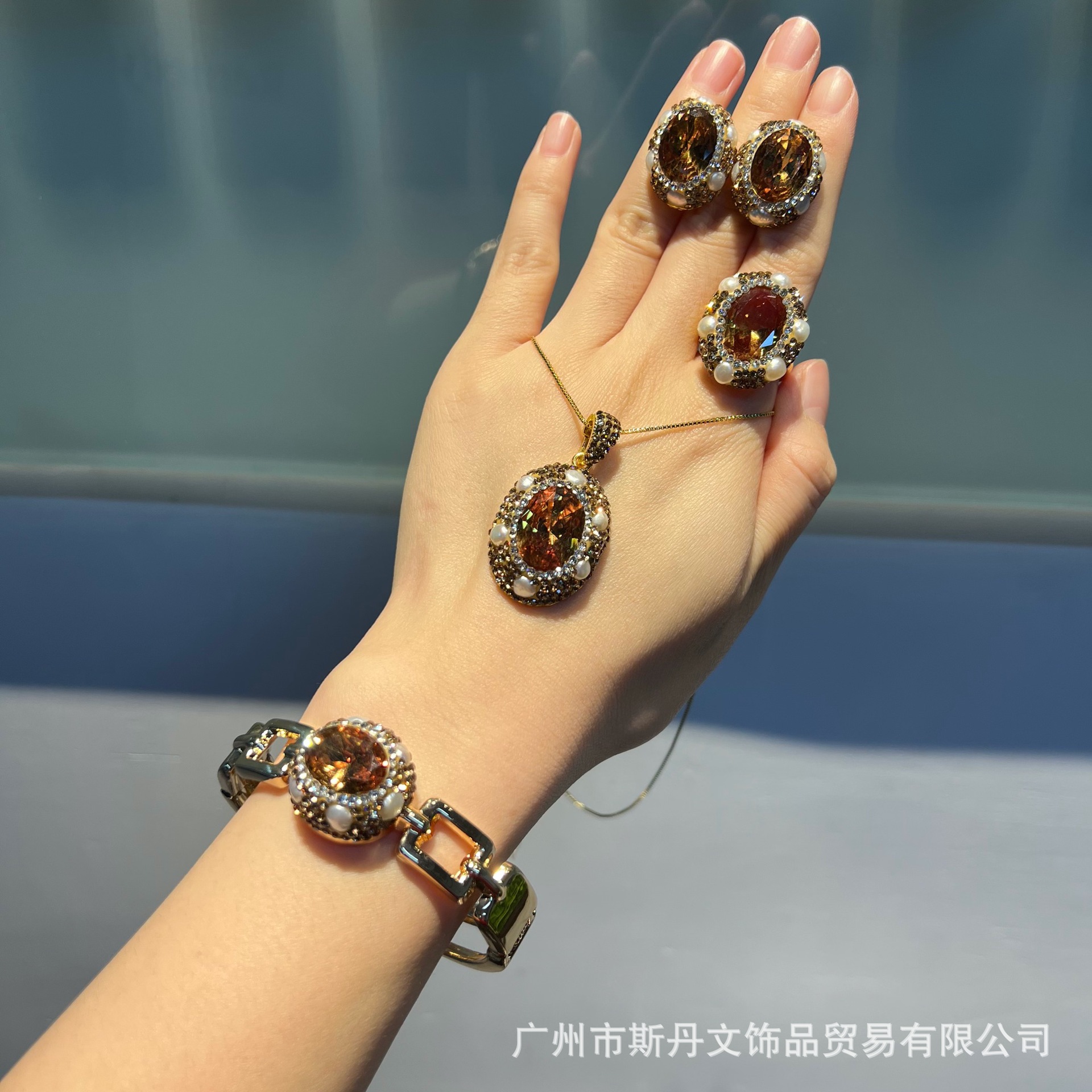 Sultanite Color-Change Stone A-Grade Freshwater Pearl Four-Piece Set Electroplated Niche Jewelry Vintage Accessories Set