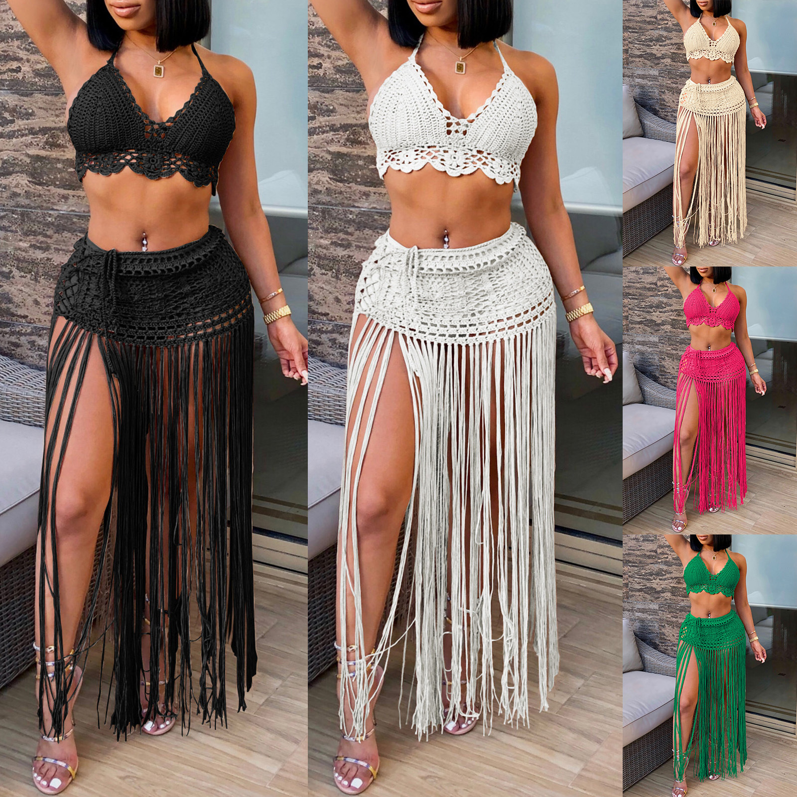 Women's Set Hand-Crocheted Beach Bikini Top Plus Long Tassel Skirt Two-Piece Set