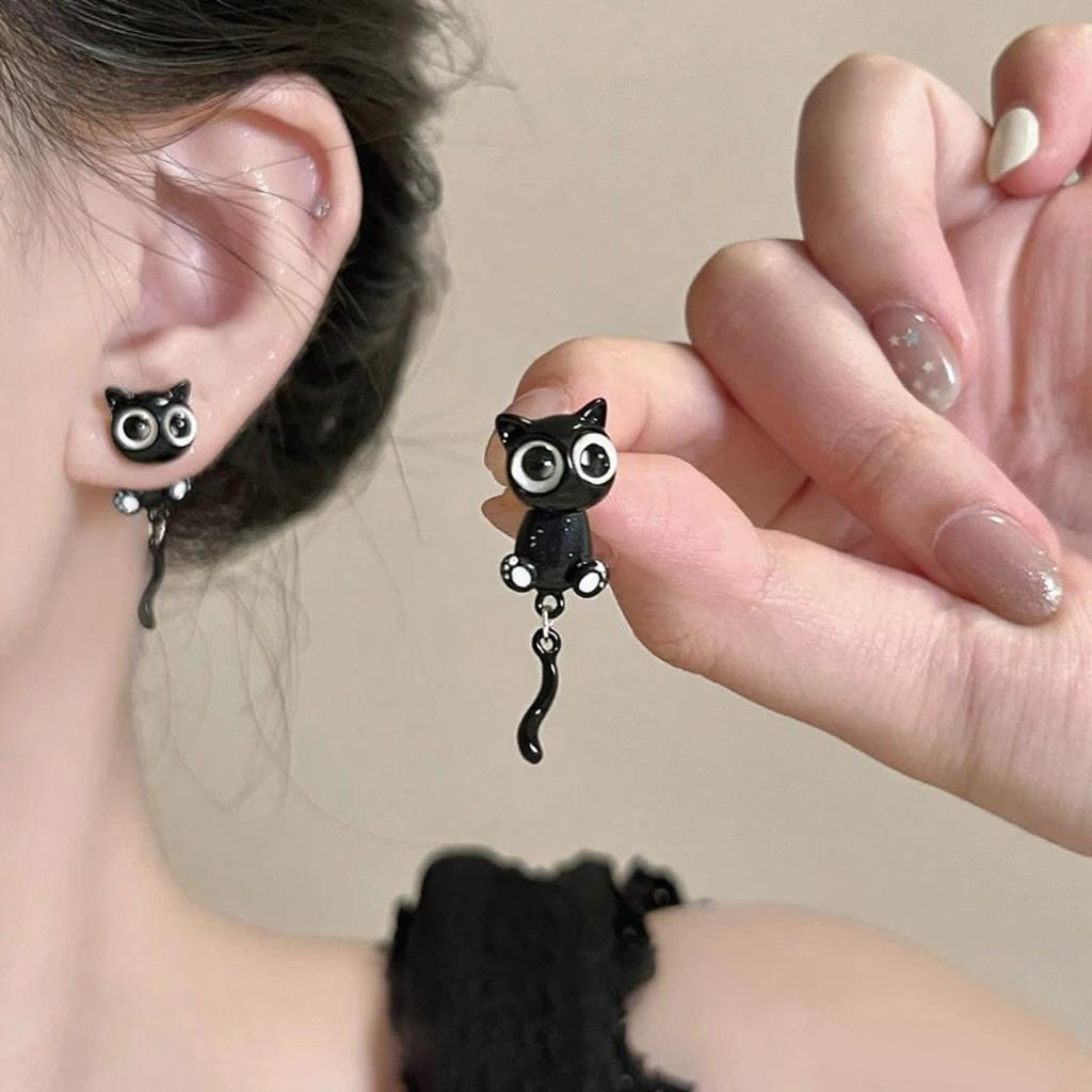 Cute Cartoon Black Cat Stud Earrings Set for Women Silver Needle Cat Tail Cute Student Earrings