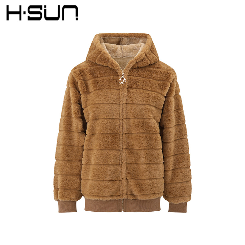 H·SUN Women's Plush Stand Collar Zip-Up Cardigan Sweatshirt Thick Fleece Japanese and Korean Casual Neutral Style 2026 Winter