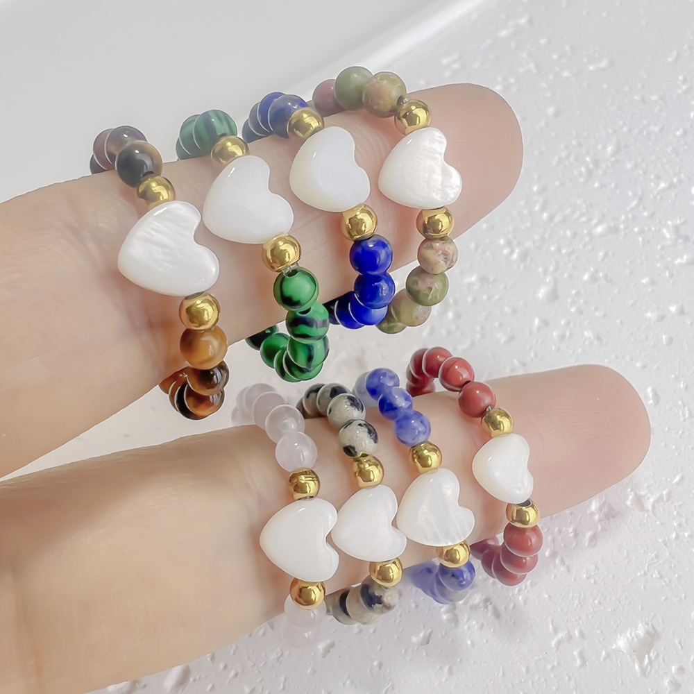 Colorful Natural Stone and Stainless Steel Bead Ring: Heart-Shaped Seashell DIY Craft—Sweet Set of Rings for the Index Finger