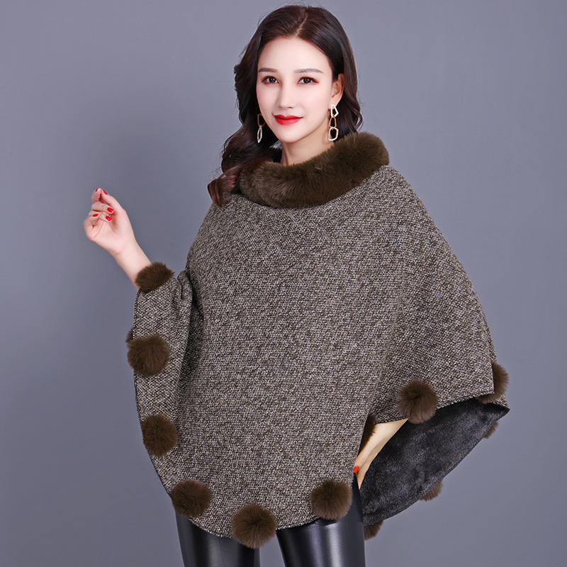 Brown Women's Coat Shawl Scarf Imitation Rabbit Fur Mid-Length Sleeveless Adult Pom Pom Winter Warm Shoulder Cape