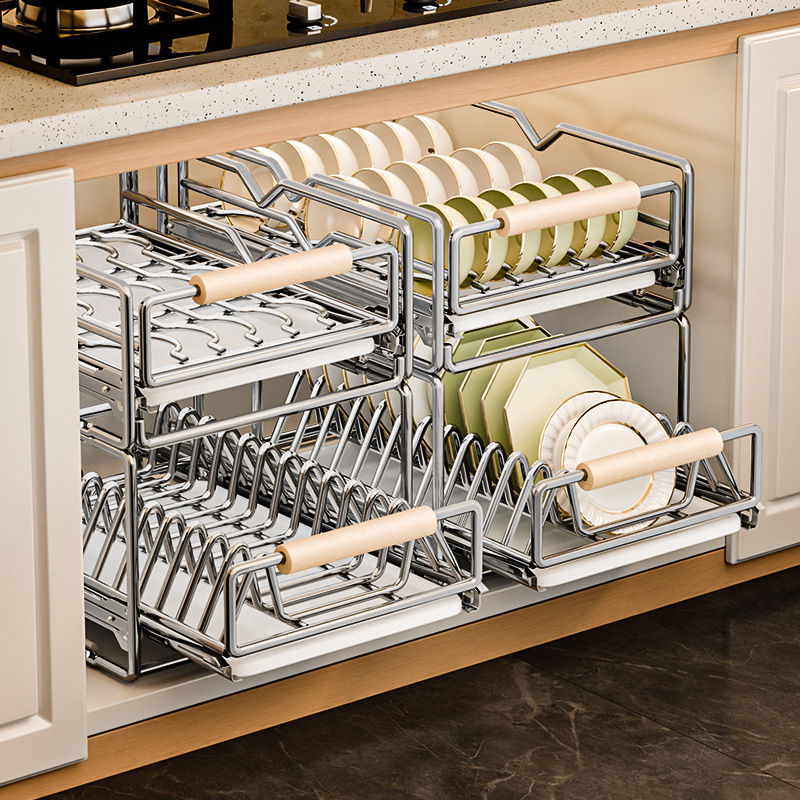 Stainless Steel Plate Storage Rack Kitchen Cabinet Organizer Drawer Pull-Out Basket Drip Bowl Plate Rack