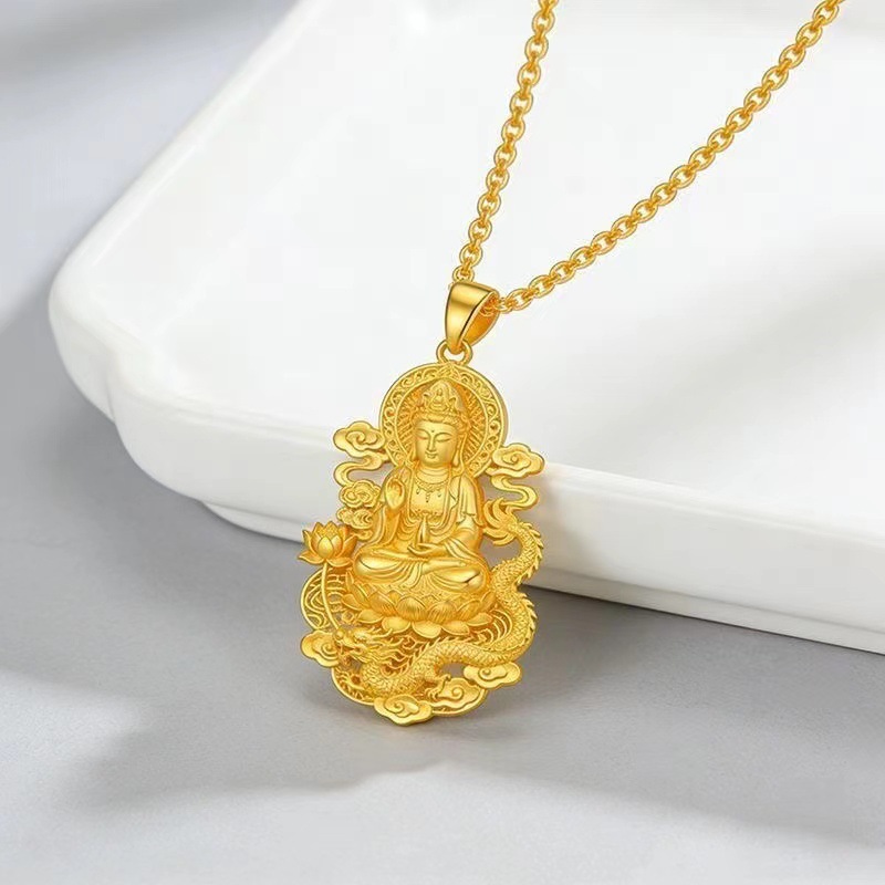Imitation gold Chinese style dragon brand Guanyin Buddha head pendant peace buckle pendant necklace for men and women