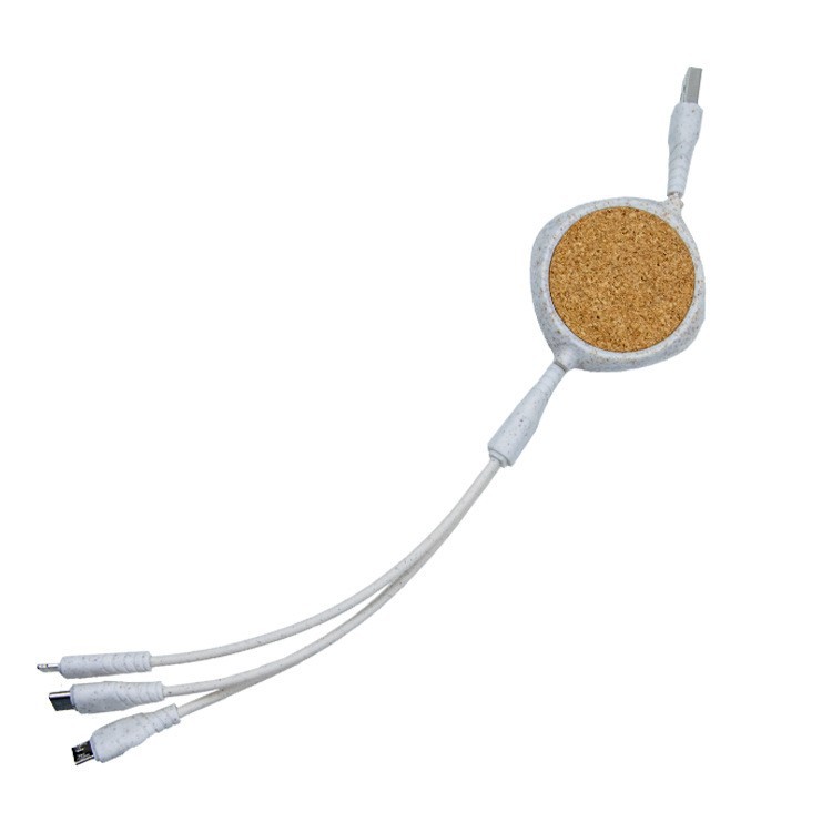 Custom logo wheat straw biodegradable retractable data cable for Apple Android 3-in-1 wheat straw ECO