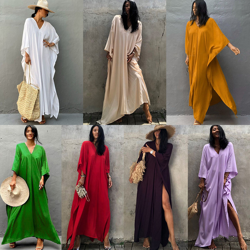 New Rayon Solid Color Cover Up Seaside Vacation Long Dress Loose Cover Up Bikini Swimsuit Long Dress Outer Women