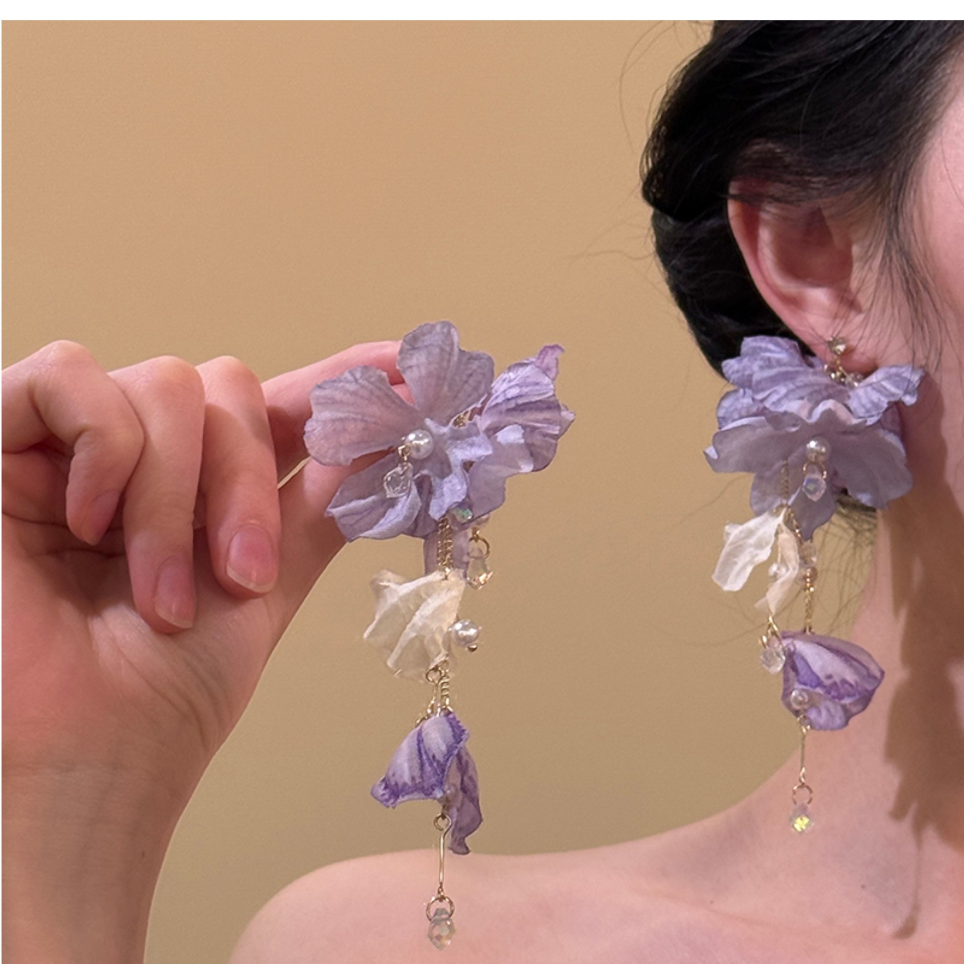 Youziqi Dream ~ summer purple flower tassel earrings 2025 new exaggerated seaside resort style ear accessories ear cuffs