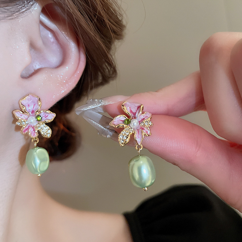 Enamel Crystal Flower Silver Needle Earrings for Women
