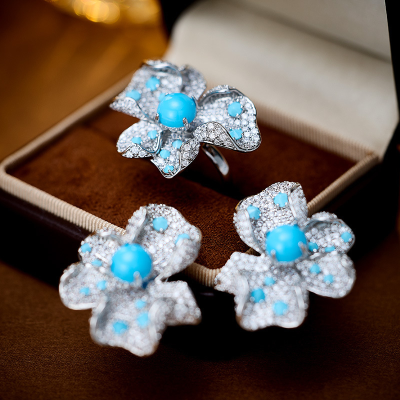 Heavy Craft Inlaid Blue Turquoise Flower Earrings for Women Ring s925 Silver Needle Elegant Earrings Set