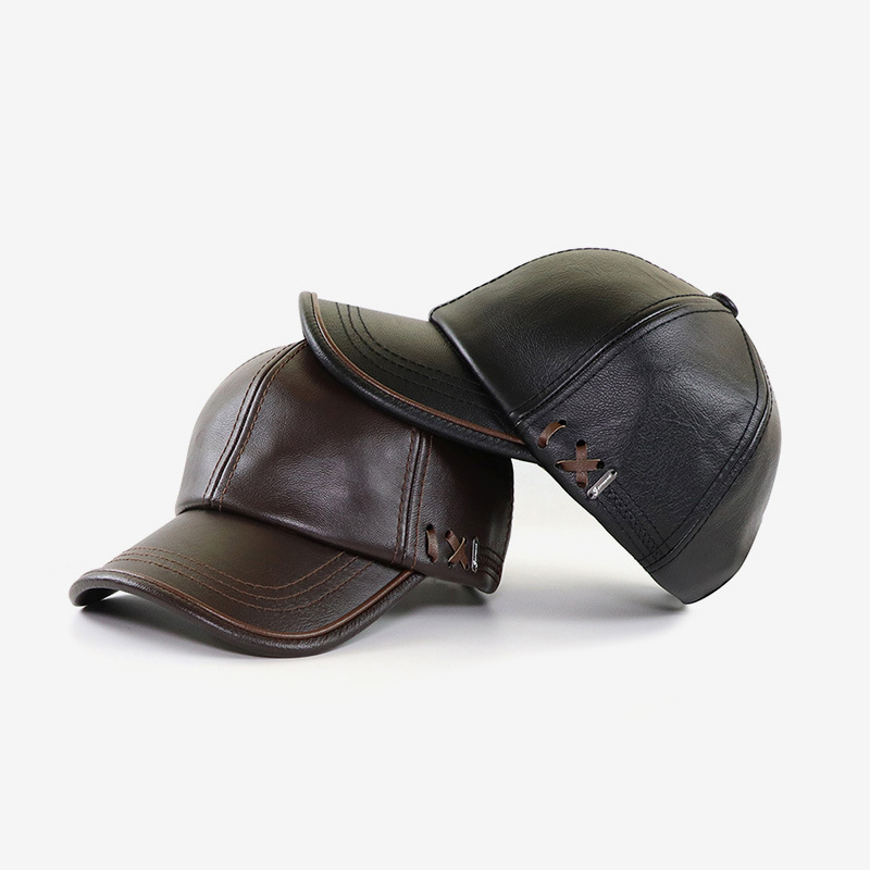 Autumn/winter PU leather cap for middle-aged and elderly, new fleece-lined warm men's outdoor baseball cap