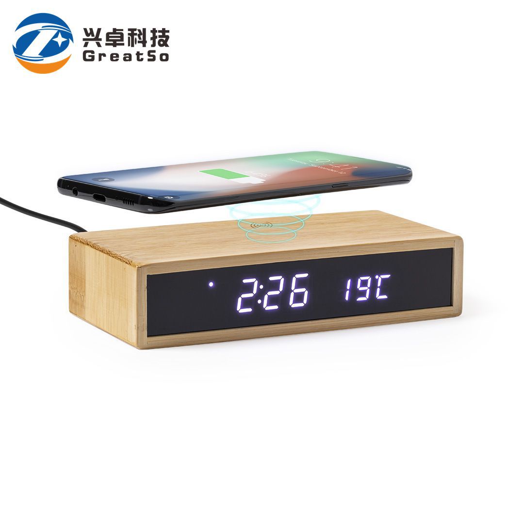 15W bamboo alarm clock wireless charging wooden digital display multifunctional desktop clock