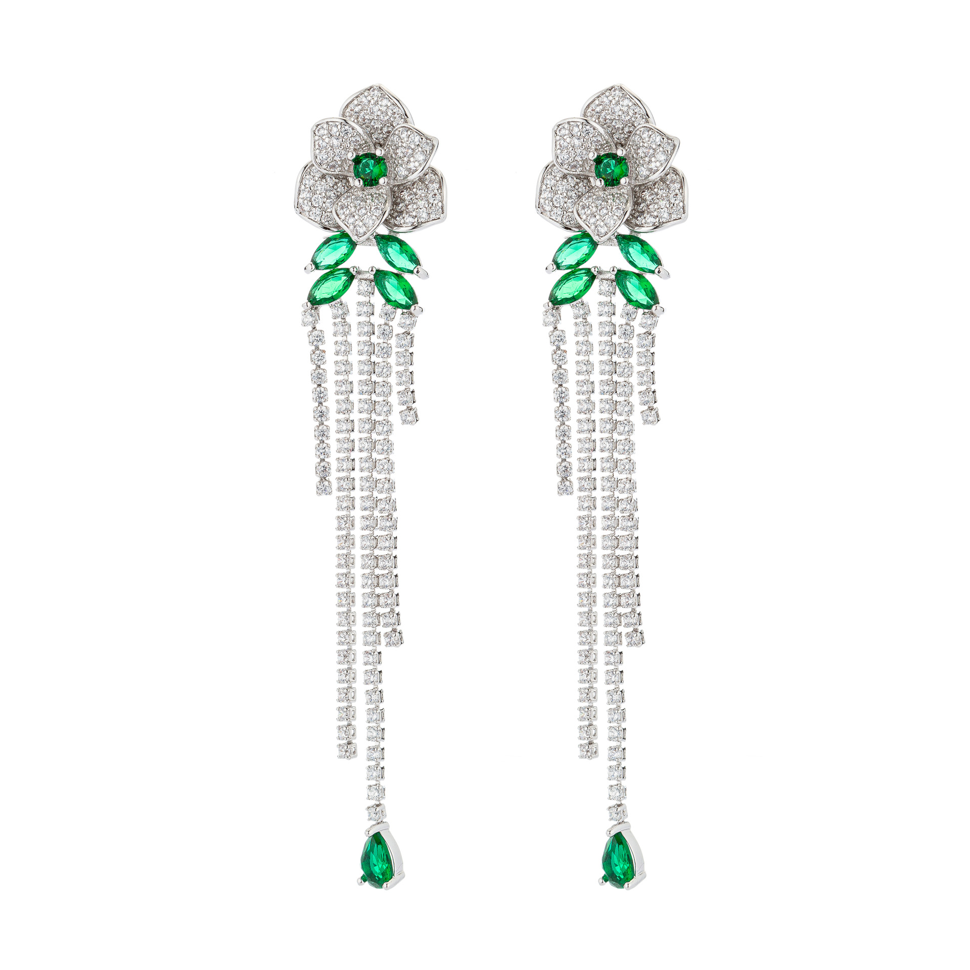 Heavy craft zircon tassel drop earrings S925 silver needle petal stud earrings