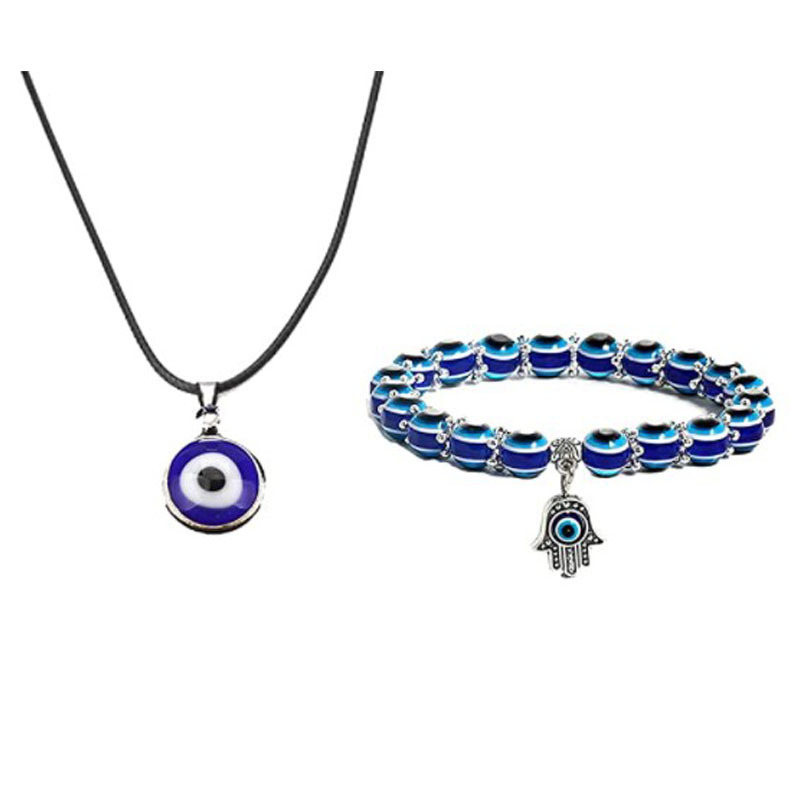 Alloy Evil Eye Pendant Necklace 8mm Round Bead Evil Blue Eye Resin Beaded Bracelet