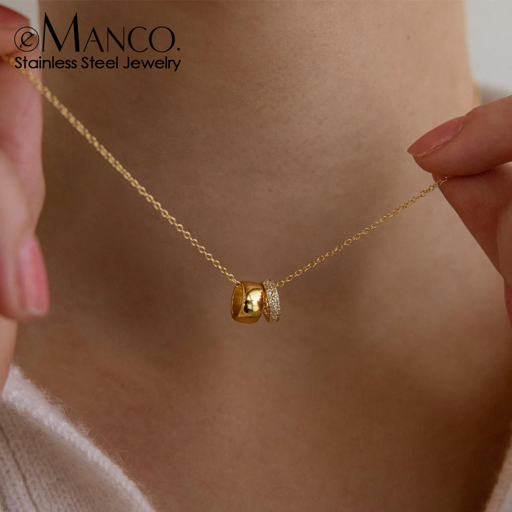 eManco New Stainless Steel Rhinestone Inlay Narrow Face Ring 14k Wide Face Circle Double Pendant Necklace