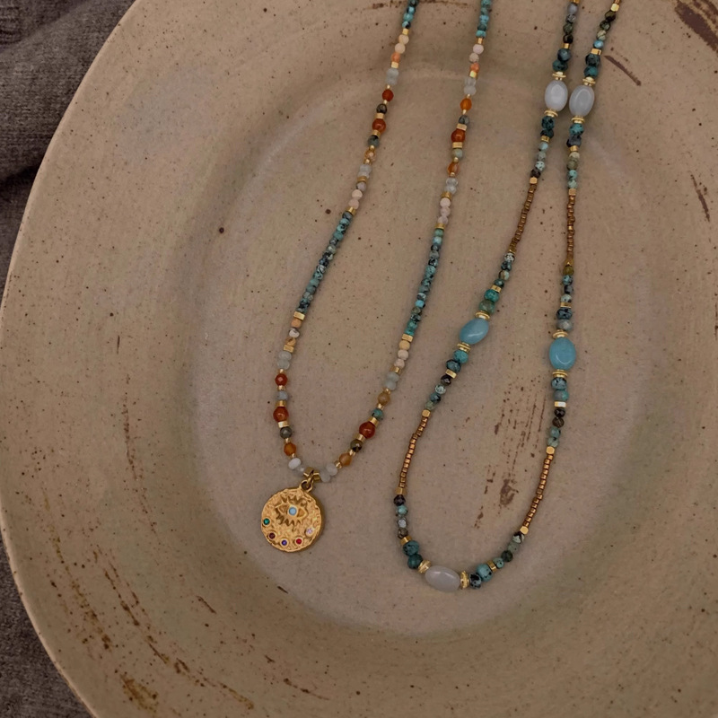 New Chinese style turquoise beaded necklace niche natural stone stacked beaded锁骨链 women