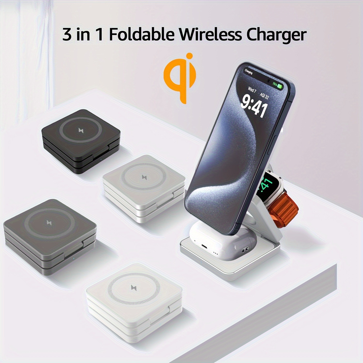 3-in-1 Magnetic Foldable Wireless Charger for Apple Phones, Earphones, Watch