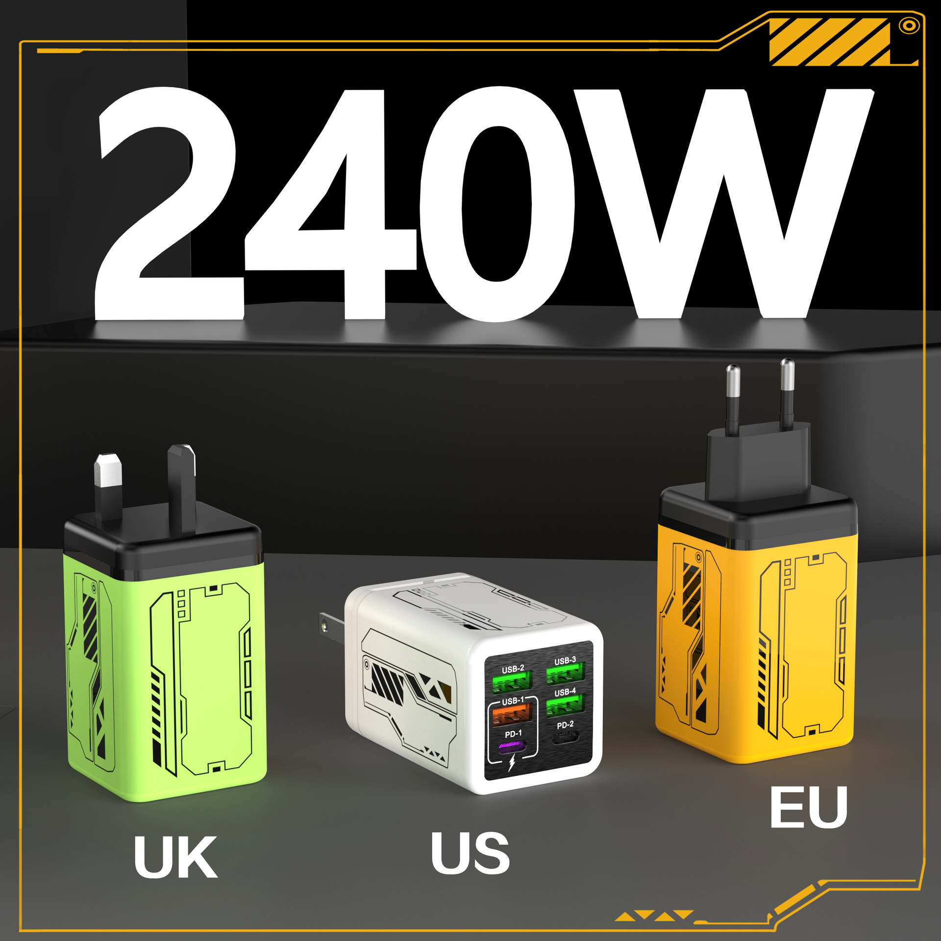 240W All Protocols Multi-Port 4U+2PD Charger Smart Home Appliance Travel Charger Mecha Style Charging Head