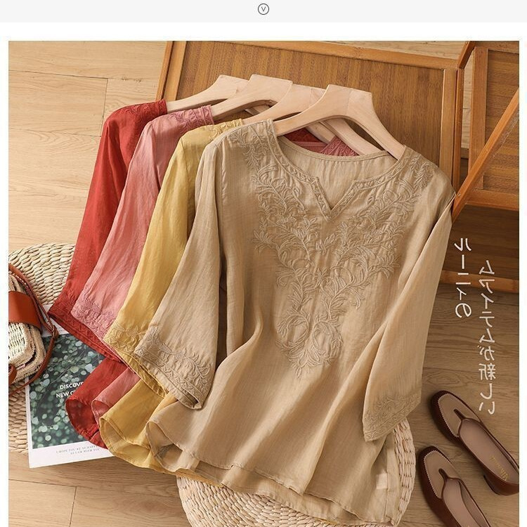 Spring summer new cotton-linen embroidered seven-point sleeve top women's loose round neck embroidered shirt