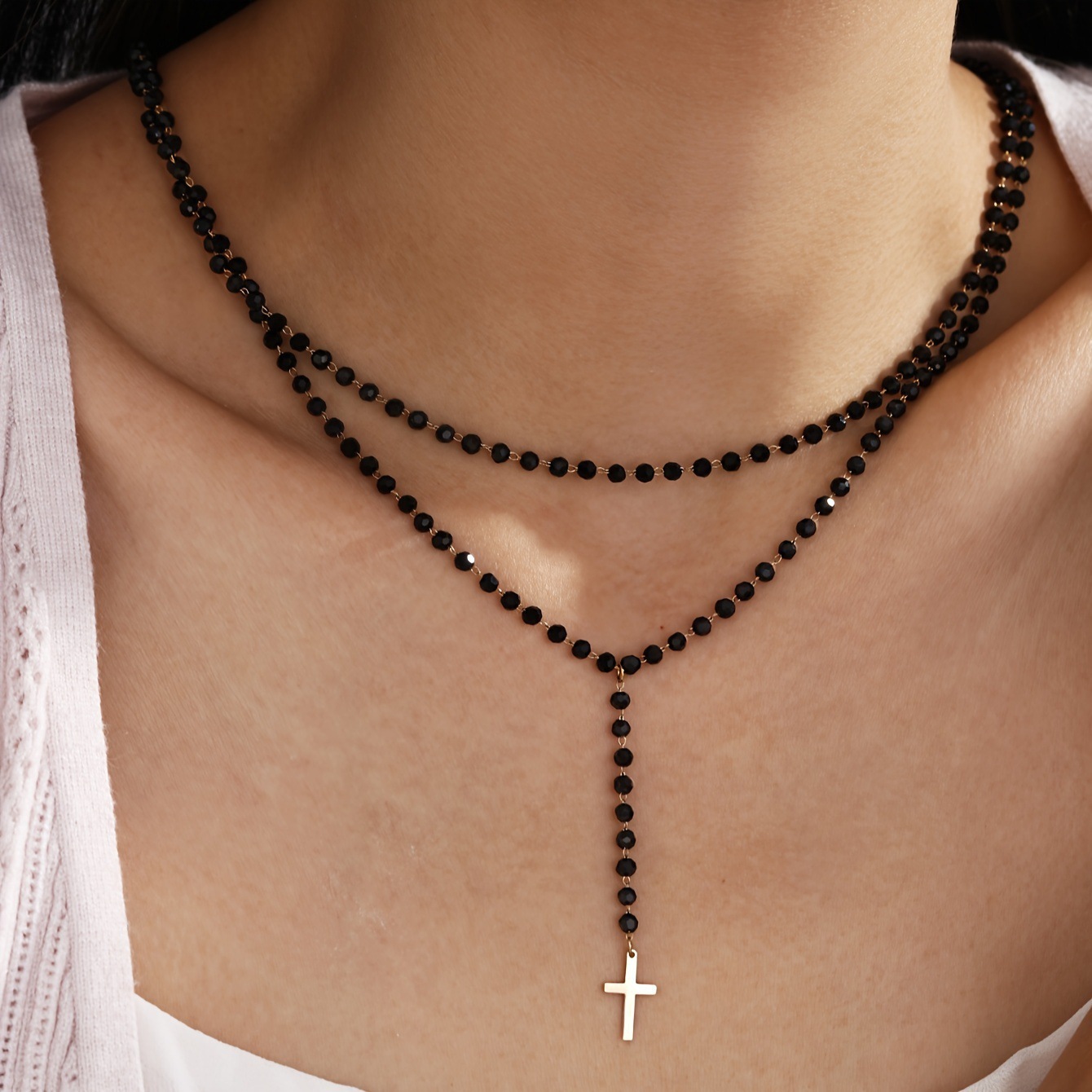 Crystal Bead Collar Necklace Party Minimalist Multi-Layer Cross Pendant Necklace