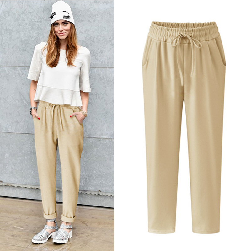Summer new cotton linen women's trousers thin cropped pants plus size loose linen casual pants fat mm pants