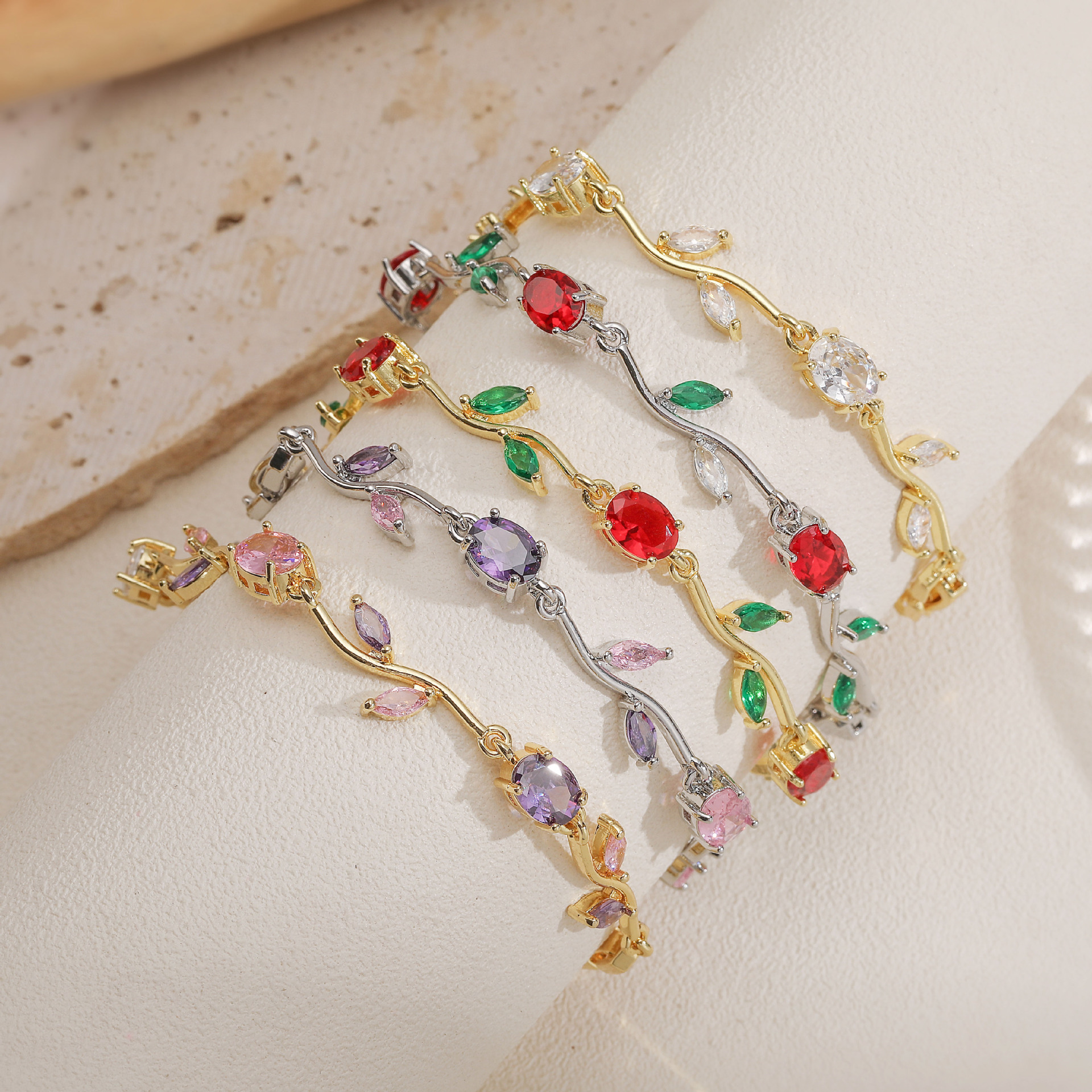 Copper Inlaid Colorful Diamond Branch and Petal Bracelet Leaf Tulip Layered Hand Jewelry
