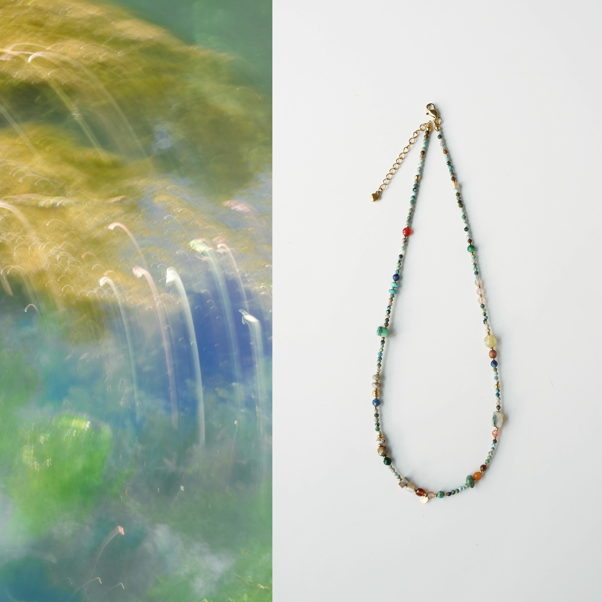 「Oakmoss Green」Original Chinese-style natural raw turquoise multi-gem necklace for women, wind collarbone chain accessory