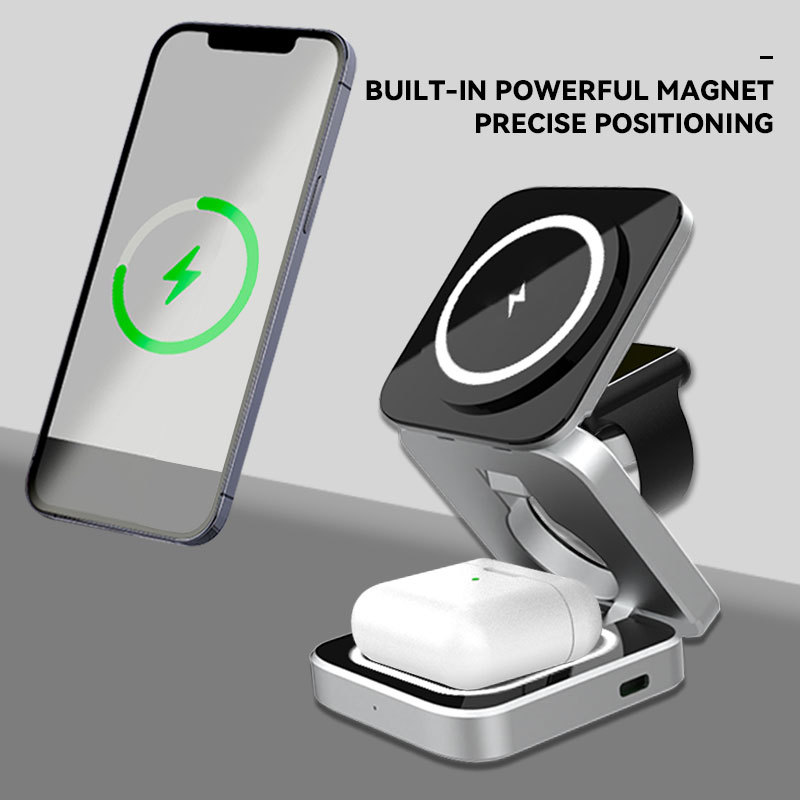 Three-in-one magnetic wireless charger phone fast charging foldable stand earphone watch wireless charger