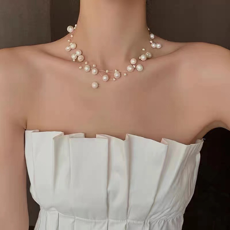 Freshwater Real Pearl Necklace Size Alternating Multi-Layer Handmade Fish Line Collarbone Chain Braided Jewelry Women