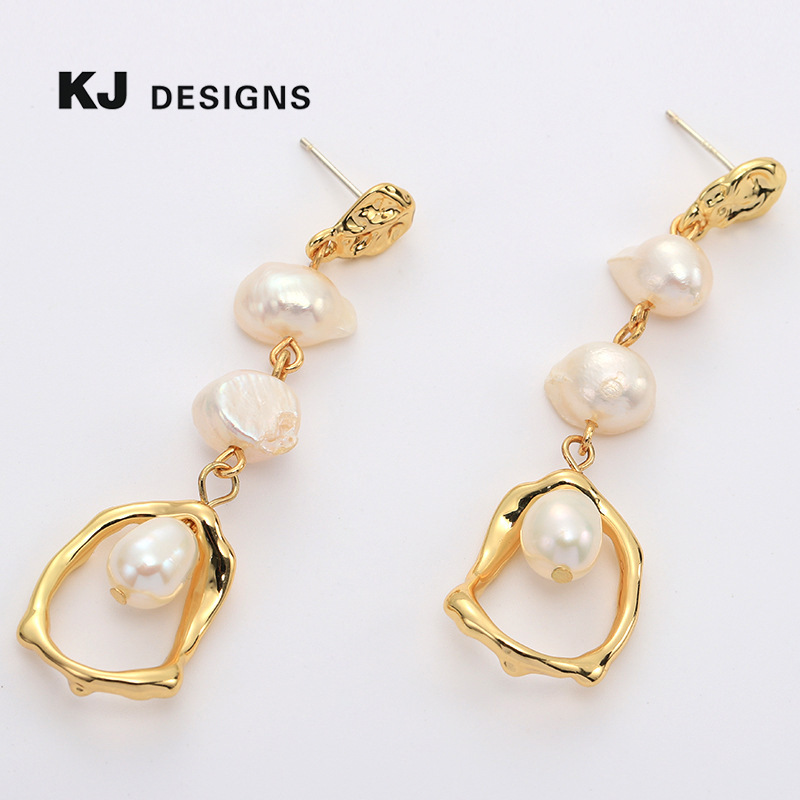 Metal gold geometric long freshwater pearl earrings exclusively supplied s925 silver needle earrings