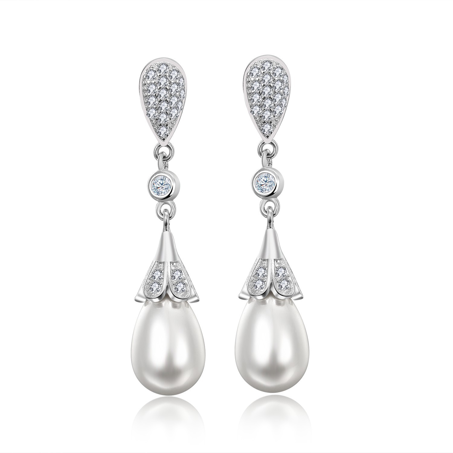 Silver-plated earrings with long tassels, pearl studs, zirconium pearl petal earrings, drop earrings