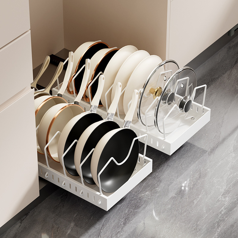 Kitchen pull-out box silent household pot storage rack adjustable carbon steel countertop lid rack