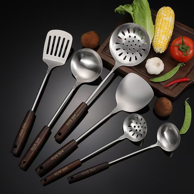 304 stainless steel spatula, thickened wooden handle kitchen tool set, kitchen utensils, cooking spoon, spatula, soup spoon, colander, frying spatula