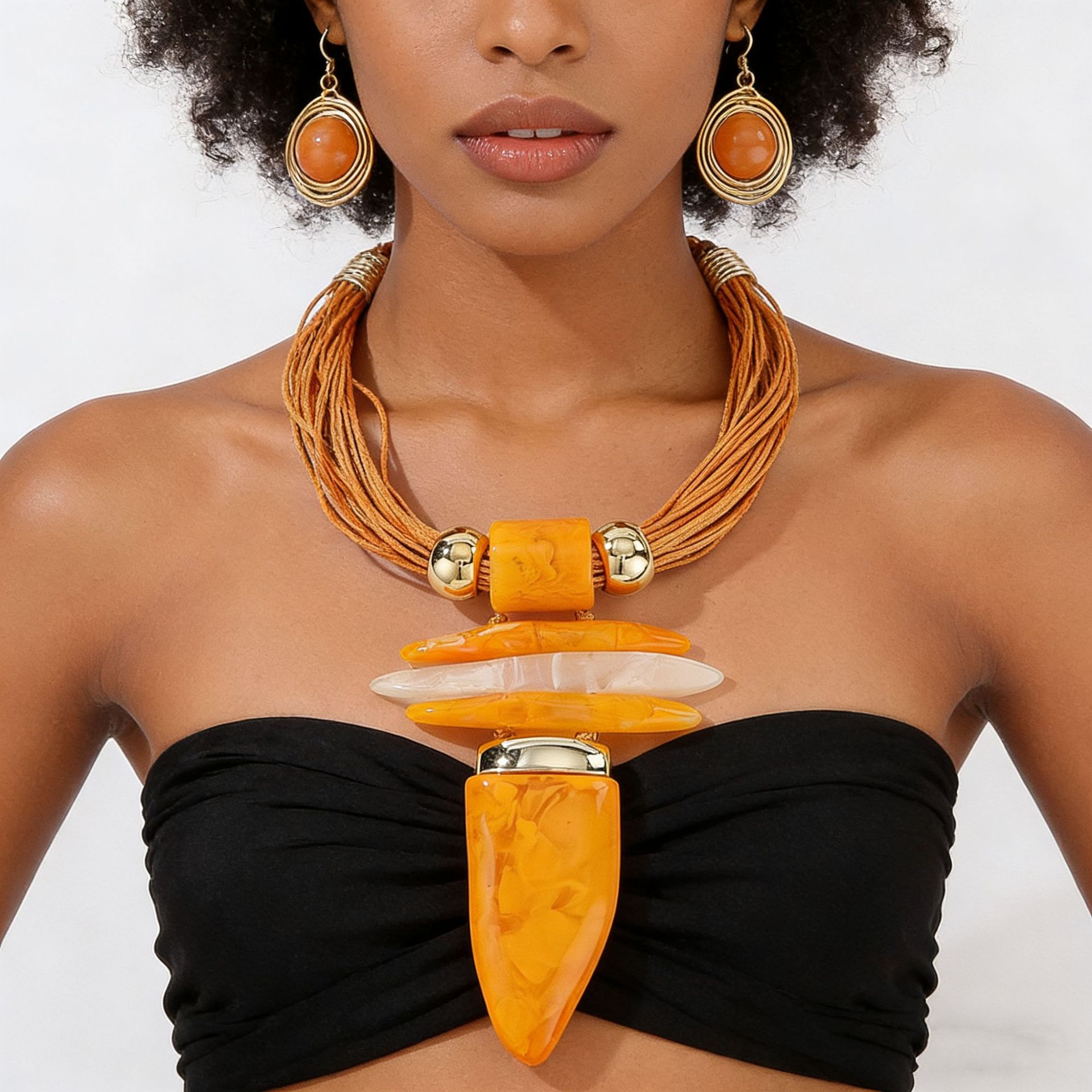 Resin horn pendant necklace and earring set exaggerated accessories necklaces