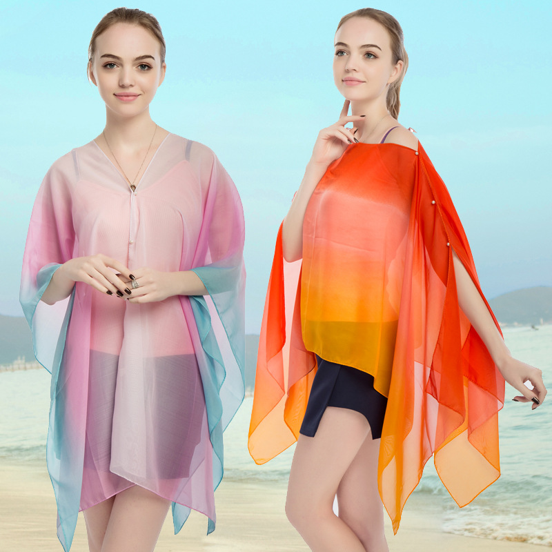 New Chiffon Pearl Button Women Pullover Cape Print Color Stripe Summer Sun Protection Shawl