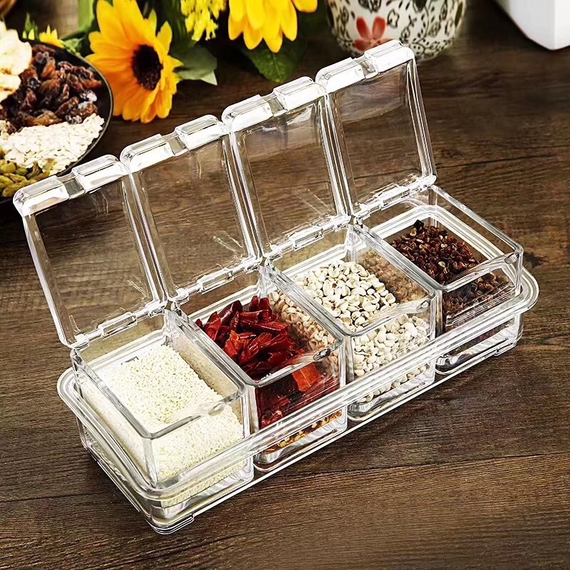 Kitchen supplies transparent seasoning box, four-grid seasoning box, seasoning jar set with spoon