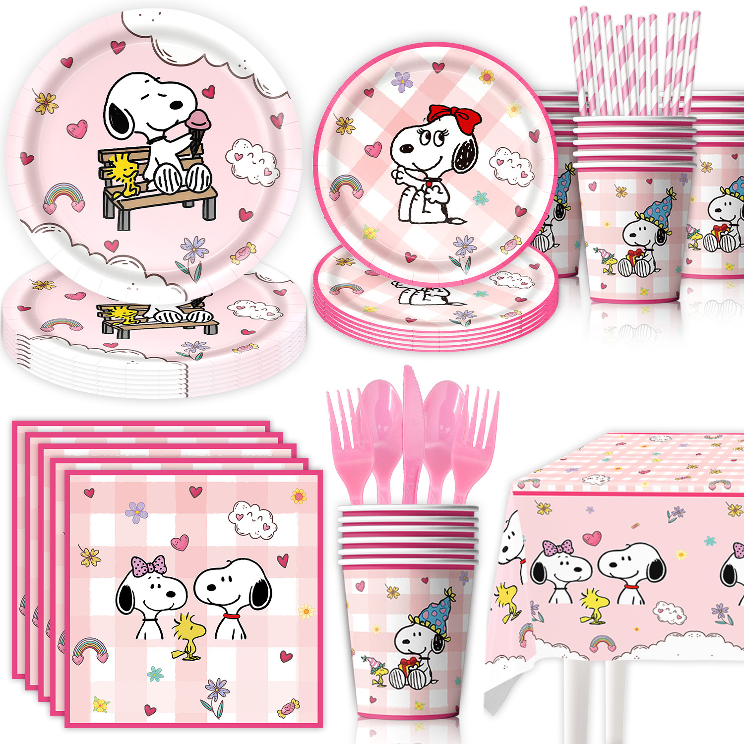 New Pink Snoopy Theme Party Tableware Disposable Paper Plate Napkin Paper Cup Tablecloth Bunting Flag Decoration